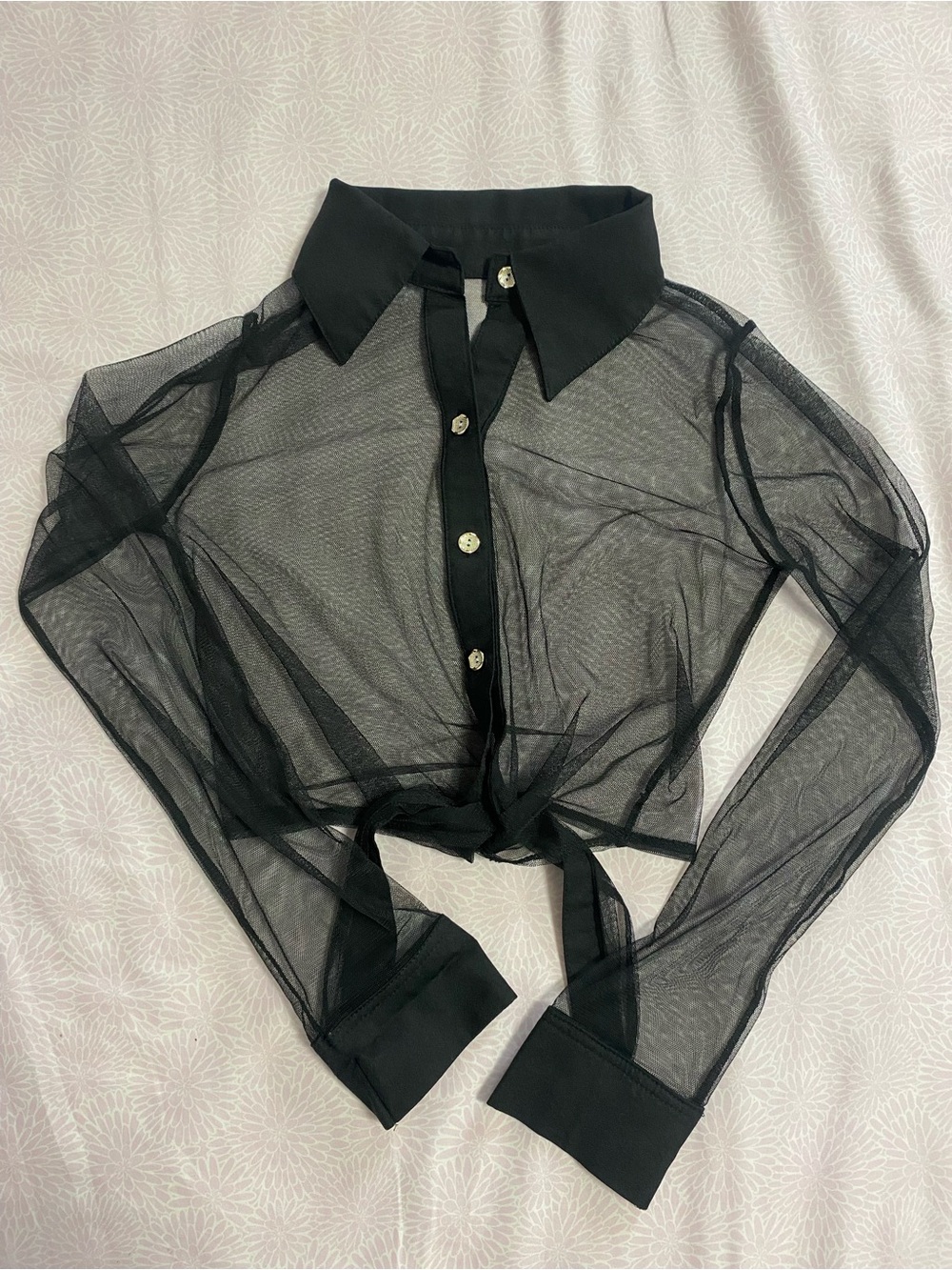 Black Sheer Tie-Front Collared Blouse